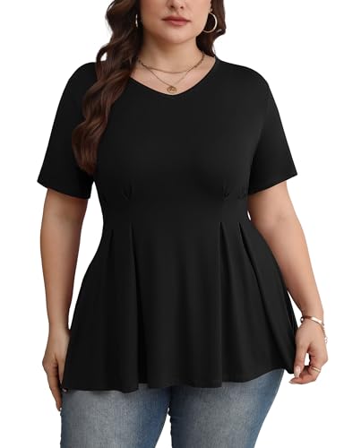 Women’s Plus Size Casual Short Sleeve Dressy Empire Waist V Neck Babydoll Peplum Tunic Tops T-Shirts