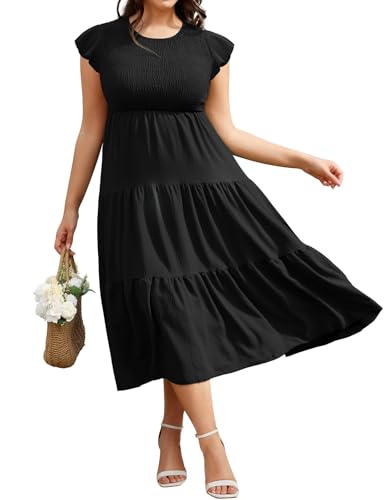 Image of Fashora Plus Size Summer Dresses for Women Elegant Crew Neck Maxi Dresses Casual Ruffle Sleeve Elastic Waist Ruched A Line Flowy Long Dresses Solid Boho Beach Sundress (Black, XL)