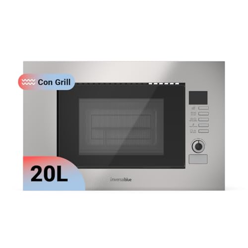 UNIVERSALBLUE Microondas 20 Litros Acero Inox Encastrable | Microondas de Encastre con Grill 900W | Integrable 9 Niveles Funcionamiento | Temporizador | Bloqueo Infantil | Control Digital