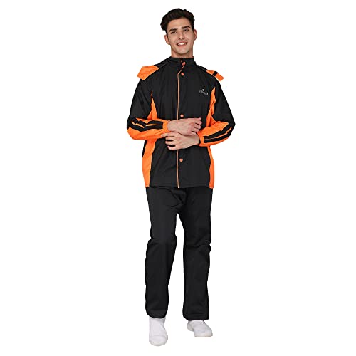 Image of THE CLOWNFISH Solomon Series Men's Waterproof Polyester Double Coating Reversible Raincoat with Hood and Reflector Logo at Back. Set of Top Bottom. Printed Plastic Pouch Rope