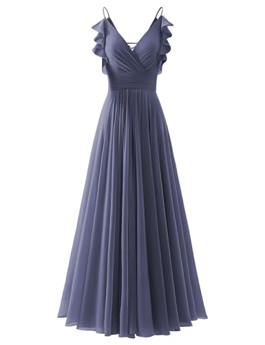 CWOAPO V Neck Bridesmaid Dresses for Women Long Ruffles Chiffon Spaghetti Straps A Line Pleated Formal Evening Gowns