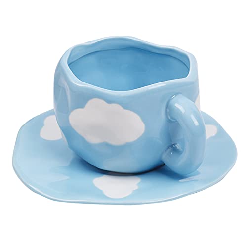 Koythin Ceramic Coffee Mug With Saucer Set, Cute Creative Cup Unique Irregular Design For Office And Home, Dishwasher And Microwave Safe, 10Oz/300Ml For Latte Tea Milk (Blue Sky And White Clouds) #TOP8