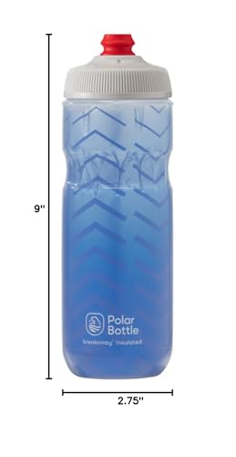 A Blue Bolt Polar Bottle Breakaway Insulated Water Bottle by HydraPak with a white cap and red nozzle, showing dimensions of 9 inches in height and 2.75 inches in diameter, featuring a chevron pattern design for easy grip.