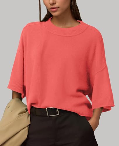 ZDC Women's Oversized Sweaters 3/4 Sleeve Casual Cropped Tops Lightweight Loose Fit Knit Pullover2