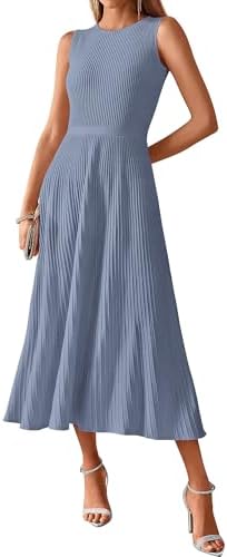 BTFBM Women Midi Bodycon Tank Dress Summer Crewneck Sleeveless Pleated A Line Business Casual Knit Sweater Fall Dresses