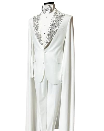 2 Piece Suit for Men White Tuxedo Luxury Handmade Rhinestone Slim Fit Prom Graduation Party Jacket Pants with Cape4