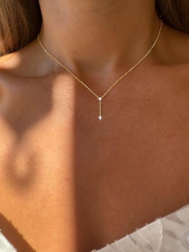 Gold/Silver Necklace for Women, Dainty 14K Gold/Sterling Silver Plated Necklaces, Minimalist CZ Diamond Pearl Pendant Trendy Satellite Y-Shaped Chain Jewelry Gift for Women3