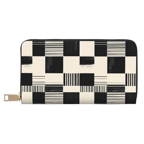 Leather Thin Slim Wallets for Women Men - Fashion Abstract Black White Print Card Wallet Holder with Zipper