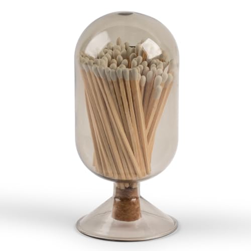 MILAVERA Premium Glass Match Cloche - Matches in a Jar with Striker. Long Matches for Candles, Fireplace. Or Use Bottle for Bath Salts, Accessories. Includes Striker and Safety Matches (White)