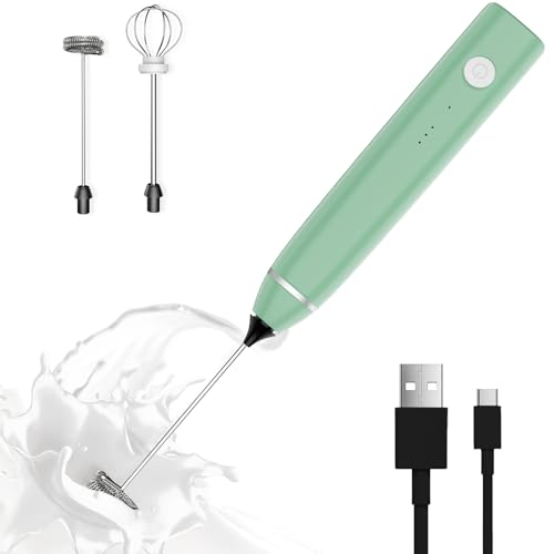 Milk-Frother-Rechargeable-Handheld-Electric-Whisk-Coffee-Frother-Mixer-with-2-Stainless-whisks-3-Speed-Adjustable-Foam-Maker-Blender-for-Coffee-Matcha-Latte-CappuccinoAvocado-Green
