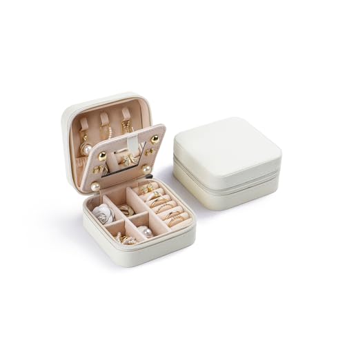 CASEGRACE Travel Jewelry Case, Small Jewelry Box with Mirror Design Portable Jewelry Travel Organizer Display Storage Case for Rings Earring Necklace Bracelet, Gift for Women, White