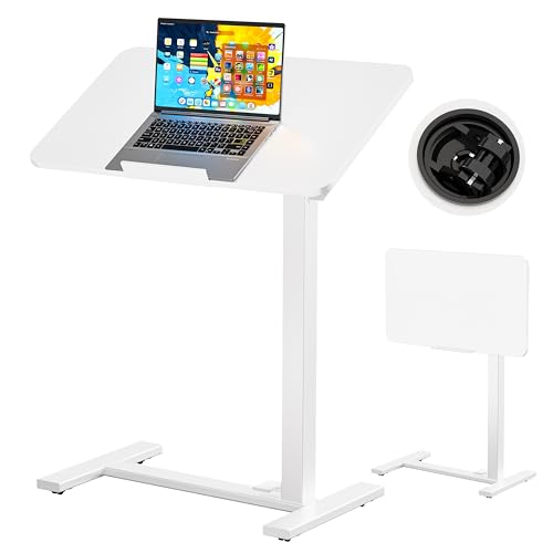 Image of BIZUM Mobile Standing Desk Laptop Desk Pneumatic with Wheels 180 Tilt Top Hospital Bed Table Portable Rolling Cart Foldable Bedside Table for Hospital&Home Use, White