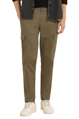 Image of Allen Solly Men's Solid Cargo Pants | Regular Fit | Multi-Pocket Design | Travel & Outdoor Wear