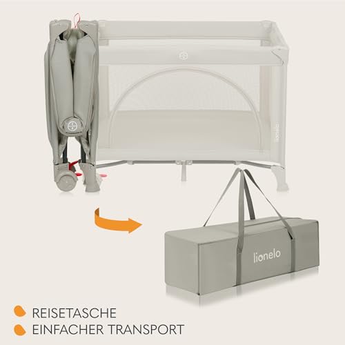 Lionelo Laura 2-in-1 Reisebett bis zu 15 kg Laufgitter von 0 bis 36 Monate Seitlicher Einstieg T25 Schaumstoffmatratze, 2 Höhenstufen, Reisetasche, Räder mit Bremse