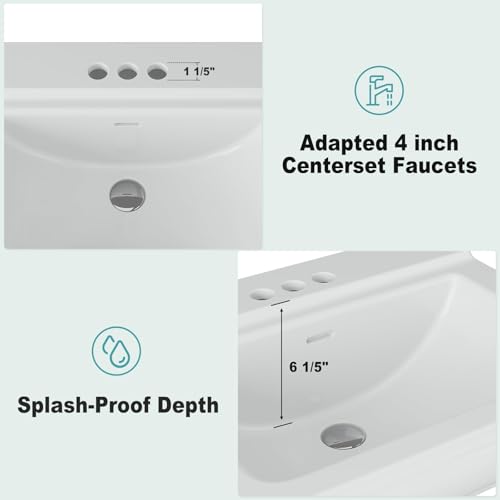 Bathroom Pedestal Sinks,Rectangular Pedestal Sink 26" W X 20" D Modern White Ceramic Bathroom Sink With Overflow and 3 Pre-Drilled Holes - Fits 4-Inch Faucets