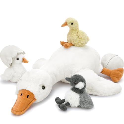 Image of Tezituor Goose Stuffed Animal with Babies&Eggs, 23.6" Large Goose Plush Hugging Pillow Soft Swan Plushies Toys Birthday Christmas for Kids Boys Girls