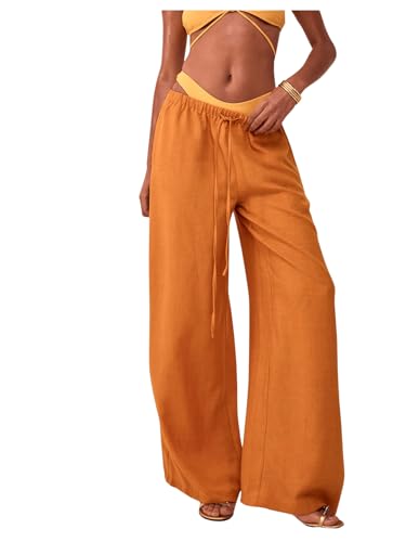 Image of RoseSeek Women's Wide Leg Linen Pants Mesh Beach Cover Up Vacation Outfits