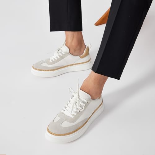 BEAU TODAY Men's Dress Sneakers, Leather Fashion Sneakers for Men Oxfords Classic Handmade Comfortable Lace Up Platform Flat Sneakers Tennis Retro Shoes2