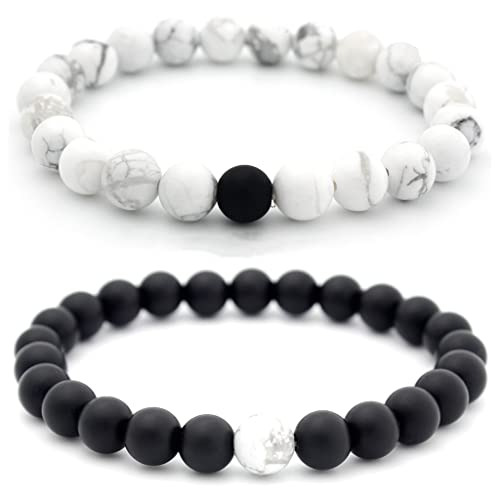 ZYuan 2PCS Couple Perles Bracelets Perles De Pierre Naturelle, 8mm Améthyste Charme Obsidienne Élastique Pierre Naturelle Perlé Bracelet Bracelets pour Hommes Femmes Noir Mat Agate Cover