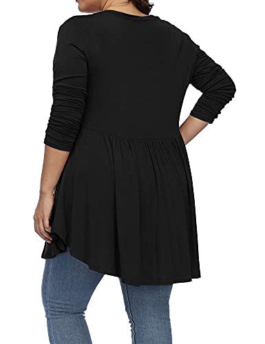 Allegrace Women's Plus Size Henley V Neck Button Tunic Tops Long Sleeve Swing Flowy Shirts Black 2X #TOP4