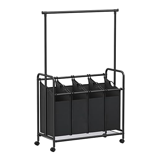 SONGMICS 4-bag Rolling Laundry Sorter with Hanging Bar Heavy-duty with Wheels & Larger Bags Black URLS44B