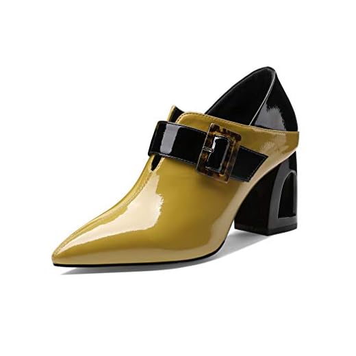 TinaCus Women's Handmade Glossy Patent Leather Pointed Toe Mid Block Heel Assorted Color Pump Shoes with Buckle Desor (Yellow, US9)