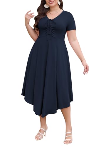 Image of Keluummi Plus Size Maxi Dress for Women V-Neck Short Sleeve with Pockets