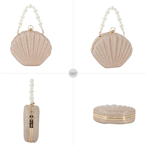 Image of Glitter Seashell Evening Clutch Purse Mini Chain Crossbody Bag Pu Leather Shell Pearl Shoulder Bag
