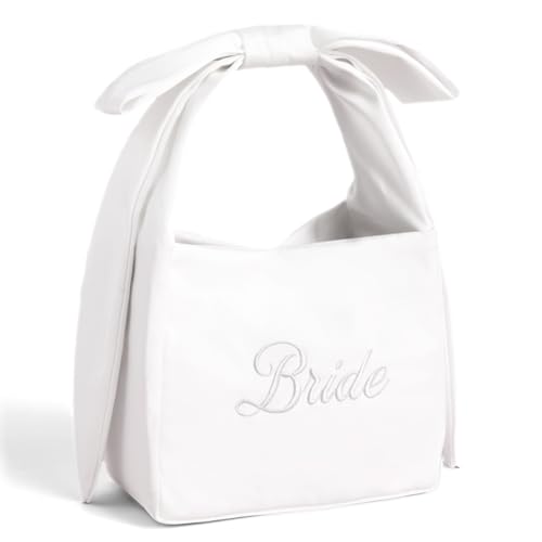 xo, Fetti White Satin Bride Bow Bag | Bachelorette Party Decorations, Bride To Be Purse, Bridal Shower Accessory, Engagement Party Outfit