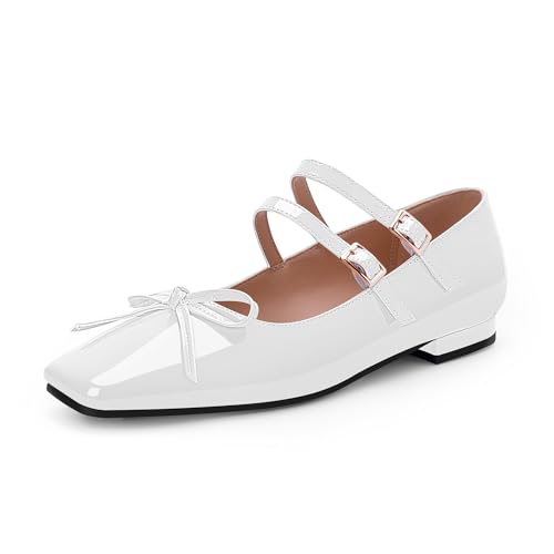 Women's Bow Square Toe Ankle Strap Mary Janes Flat Patent Leather Comfortable Shoes