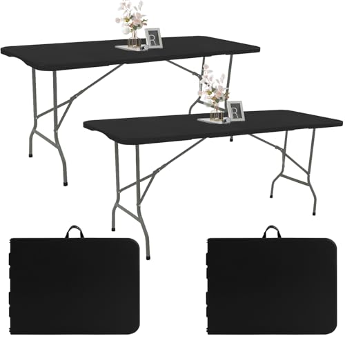 2 Pack 6 FT Folding Tables Black Foldable Table, Fold-in-Half with Carrying Handle Portable Plastic Rectangular Table for Party, Dining, Wedding, Camping, Picnic, Indoor Outdoor Events