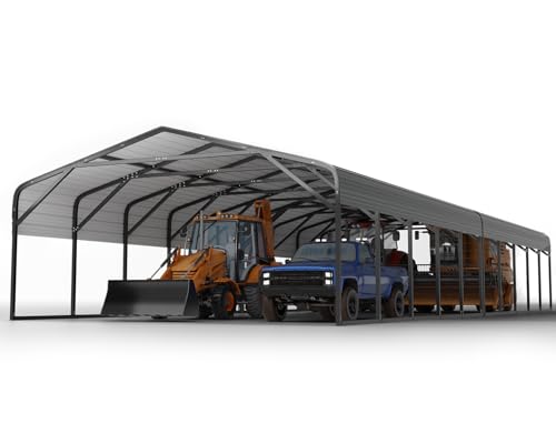 Image of Military-Grade Metal Carport 20x52 FT, Heavy- Duty Galvanized Steel Roof | 2x2 inch Steel Poles with Powder Coating, 15-Gauge Walls,120 PSF Snow Load Roof, Hurricane Resistant, Pickup, Truck, Black