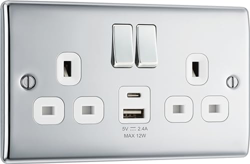 BG Electrical 12W Double Switched Power Wall Plug Socket with Type A and Type C USB Charging Ports Nexus Metal Polished Chrome 13A NPC22UAC12W