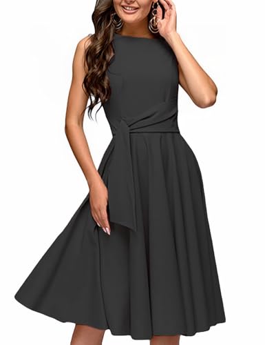 Image of FENJAR Women's Elegance Audrey Hepburn Style Ruched Dress Round Neck Sleeveless Swing Midi A-line Dresses (US, Alpha, XX-Large, Regular, Regular, A-Black)