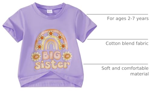 Image of Little Girl Shirts Big Sister Tee Shirt Top Summer Short Sleeve Clothes 2-7 Years