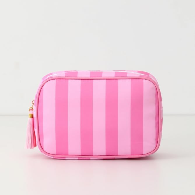 Threadart Personalized Striped Cosmetic Bag with Embroidery - Beige Stripes – Custom Name on Makeup & Toiletry Pouch for Travel, Gifts, Bridesmaids, Moms & Daughters – 10"x6"x4"
