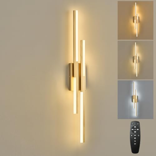 Image of Benkut Modern LED Wall Sconce Gold Remote Wall Light Fixtures for Bathroom, Dimmable Vanity Light Indoor LED Remote Wall Sconce for Living Dining Room Bedside Bedroom (3000-6500K 35.4inch)