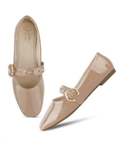 Image of JM LOOKS Modern Patent Mary Jane Flats Featuring Stylish Grommet Eyelet Straps and Adjustable Polished Metal Buckles