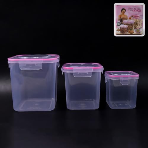 Image of Pack of 2Kitchen Storage Container Set - Food Grade Plastic with Air Seal Lock Lid - Ideal for Grocery, Spices, Dry Fruits - 3-Piece Set (1500ml, 1000ml, 500ml)