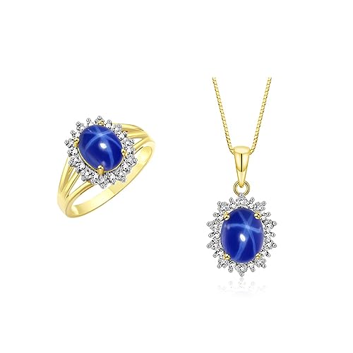 Image of Rylos Women's Yellow Gold Plated Silver Princess Diana Ring & Pendant Set. Gemstone & Diamonds, 9X7MM Birthstone. Matching Friendship Jewelry, Sizes 5-10.