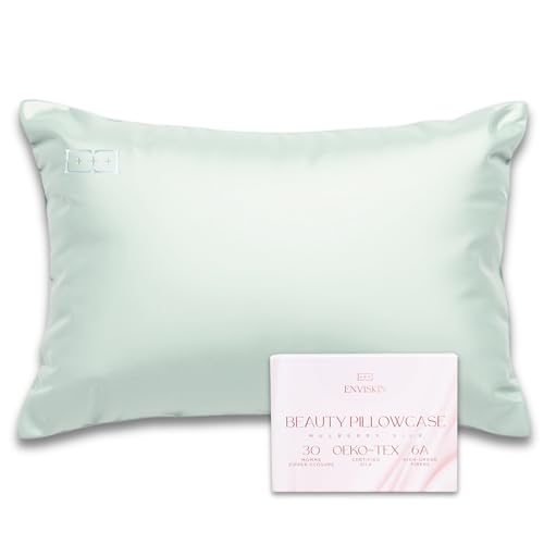 Image of 100% Mulberry Silk Pillowcase Infused with Silver Ions - Pure 30 Momme Grade 6A Fibers for Beautiful Skin and Hair - Cooling Pillow Case Protector with Zipper (Standard) Mint Color
