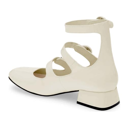 miss left Women Casual Stylish Low Chunky Heels Closed Round Toe Mary Jane Leather Pumps Treble Straps Dressy Work Shoes with Buckle Size 4-16 US3