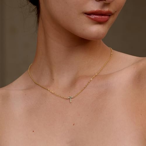 Tewiky Dainty Cross Necklace for Women, 14K Gold Plated Simple Cross Choker Necklaces Small Cross Pendant Tiny Cute Necklaces Handmade Aesthetic Gold Jewelry for Women4