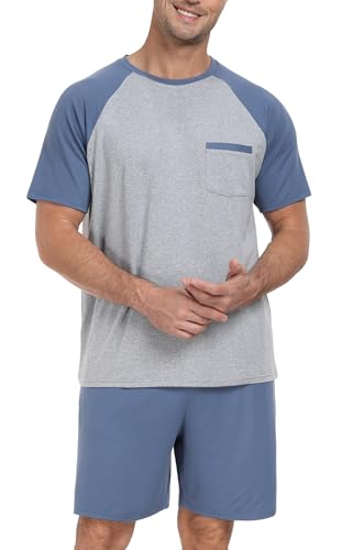 PrinStory Mens Pajama Set Summer Pjs Sleepwear Nightwear Lightweight Quick Dry Soft Short Sleeve Sleep Set With Pocket S-4XL2