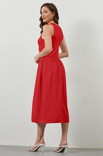 Image of TERIVEEK Women Summer Sleeveless Midi Dress Casual High Neck Patchwork Tank Sundress Flowy Boho A Line Dress with Pockets Red
