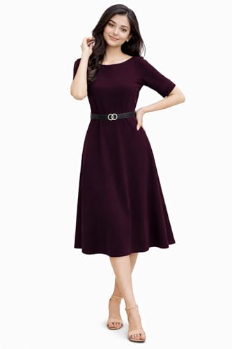 Image of Women's Elegant Midi Dress with Belt | Half Sleeve Fit & Flare Casual Dress | Knee Length Office Party Western Dress for Women
