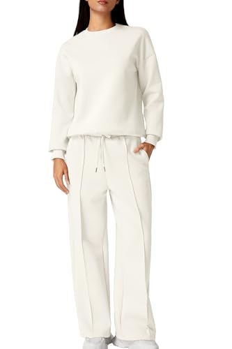 QINSEN 2 Piece Outfits Long Sleeve Pullover Sweatshirt Wide Leg
