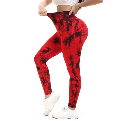 Shgiloo Tie Dye High Waisted Seamless Women's Yoga Leggings Soft Tummy Control Workout Leggings for Gym Athletic Plus Size Red