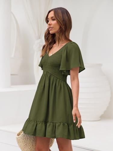Image of LILLUSORY Women's Flowy Casual Mini Dresses 2026 Summer Graduation Smocked V Neck Vacation Dress Dress with Pockets