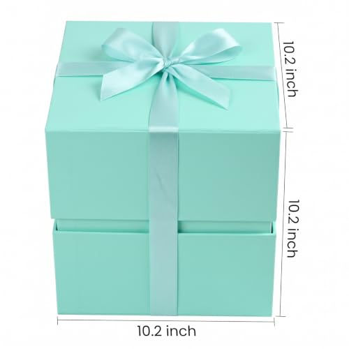 Image of LIFELUM Green Blue Gift Box with Magnetic Lid 10.2 x 10.2 x 10.2 inch, 1 Pack Square Gift Box with Shredded Paper Filler, Greeting Card, Ribbon for Presents, Birthday, Bridal Gifts, Wedding